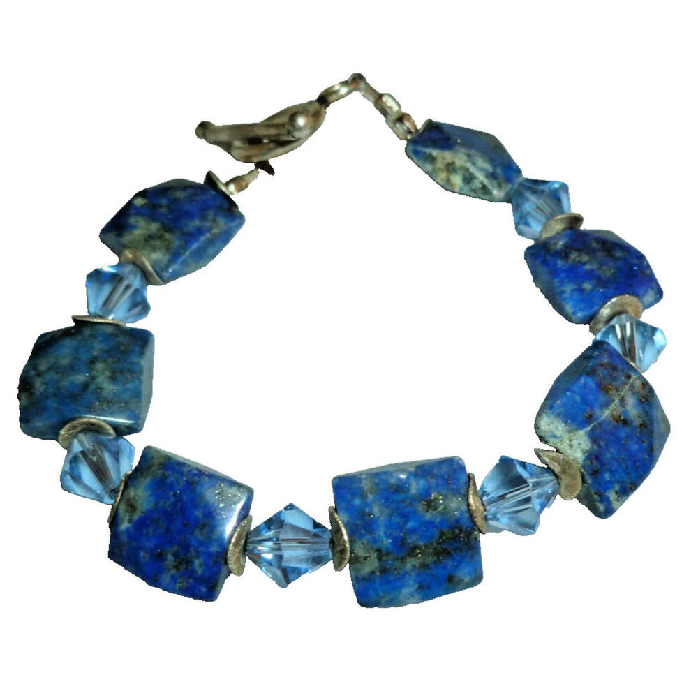 Lapis Lazuli Square Stone & Blue Crystal Toggle Bracelet Silver Tone 8.25 Inch